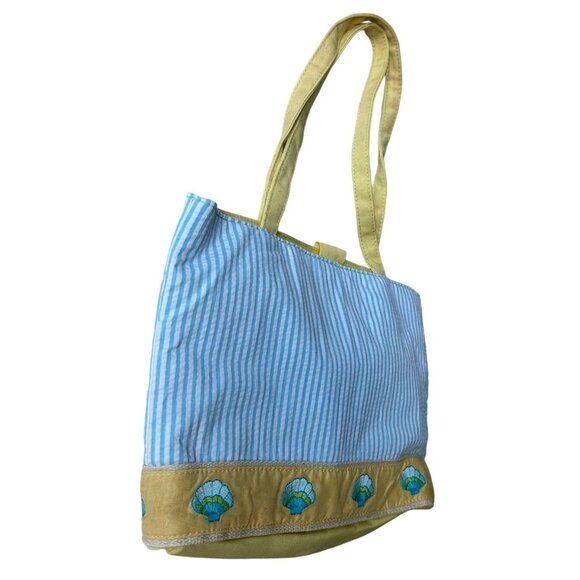 Quacker Factory Resort Blue White Seersucker Seashell Tote Bag Yellow Tr… - Picture 5 of 13